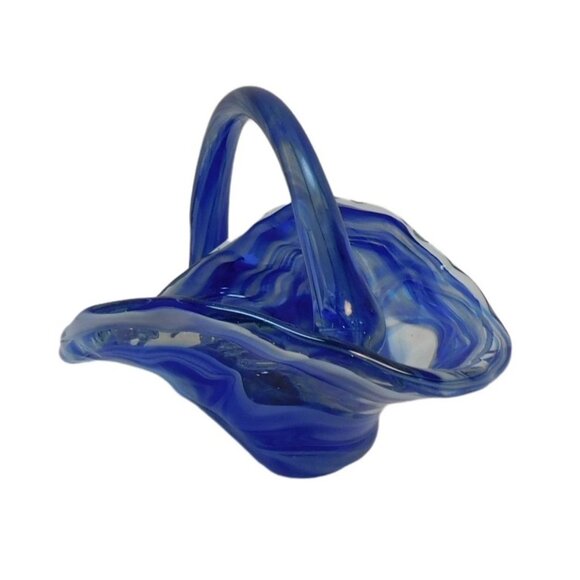 Hand Blown Art Glass Basket Bowl W/Handle Blue 6.5x5x4.5" - Picture 4 of 9